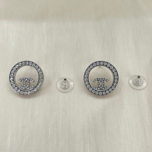 Chanel Silver Openwork Circle Full Rhinestone CC Stud Earrings [Used]