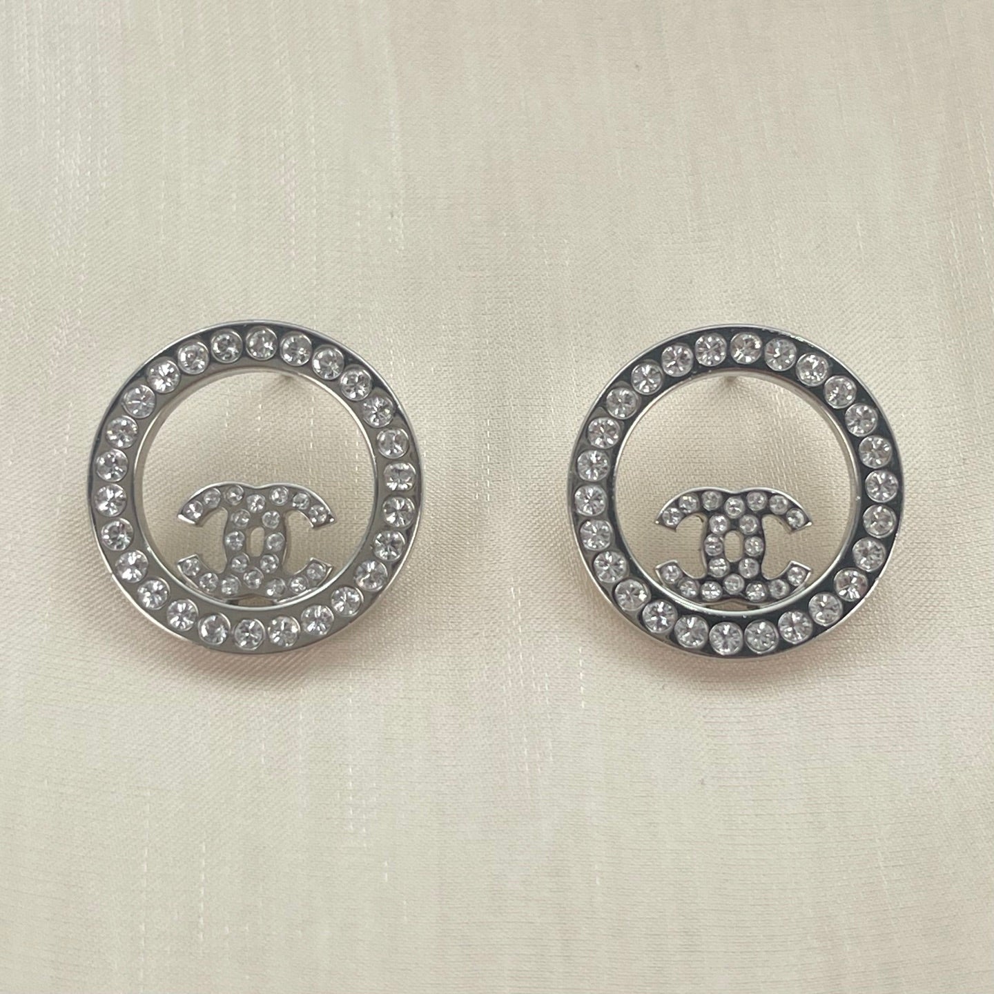 Chanel Silver Openwork Circle Full Rhinestone CC Stud Earrings [Used]