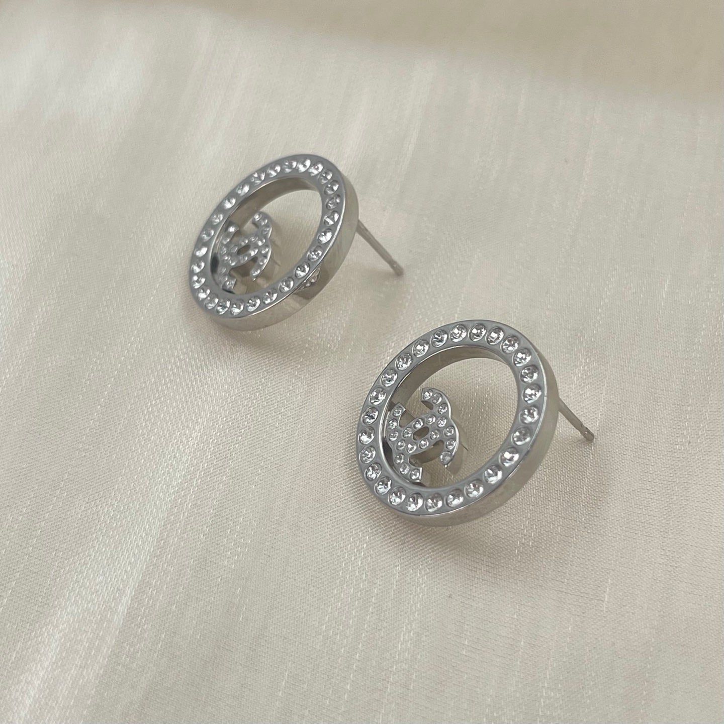 Chanel Silver Openwork Circle Full Rhinestone CC Stud Earrings [Used]