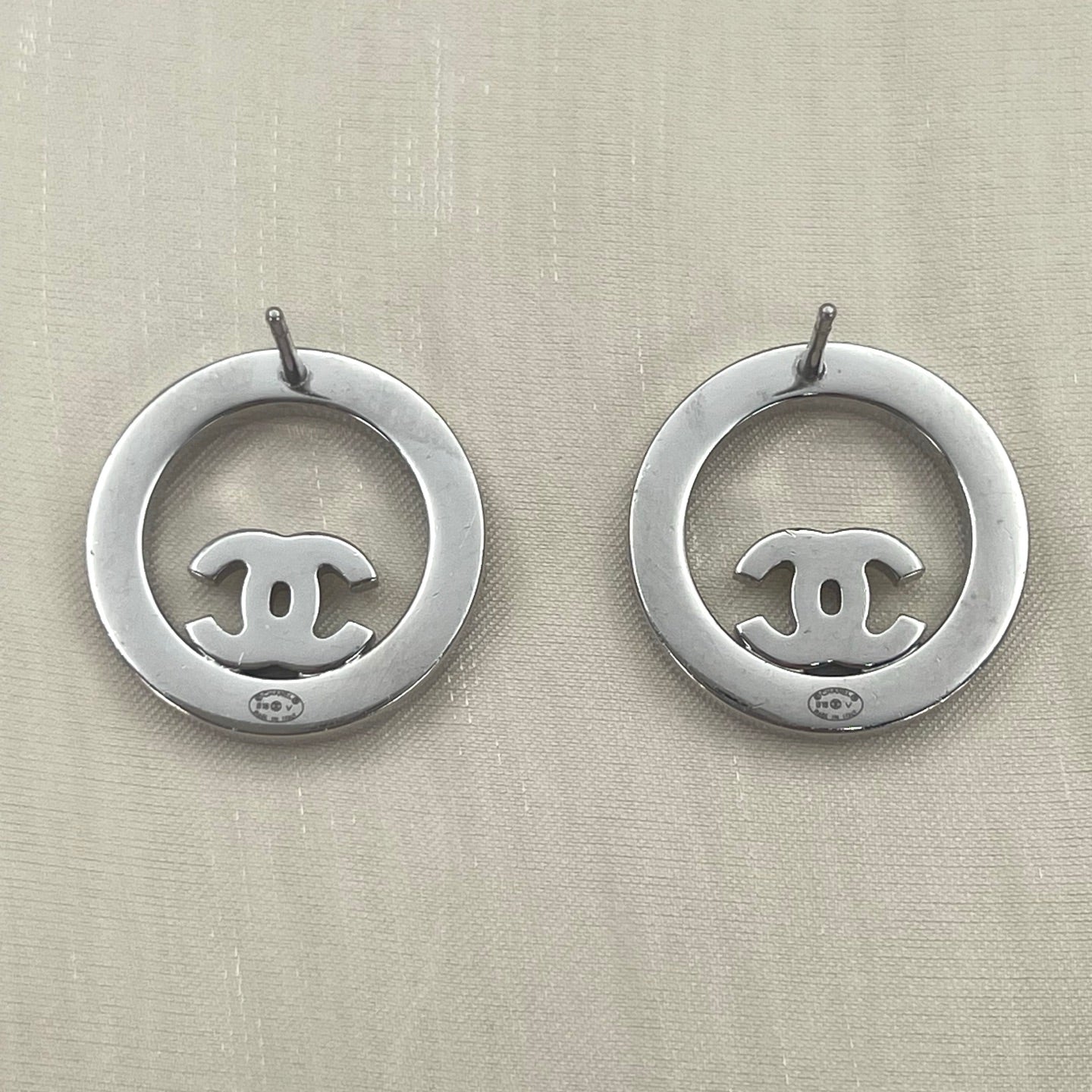 Chanel Silver Openwork Circle Full Rhinestone CC Stud Earrings [Used]