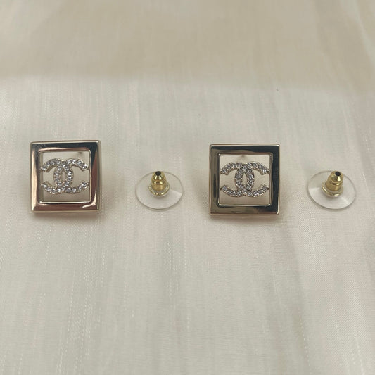 Chanel Pale Gold Square Frame CC Stud Earrings [Used]