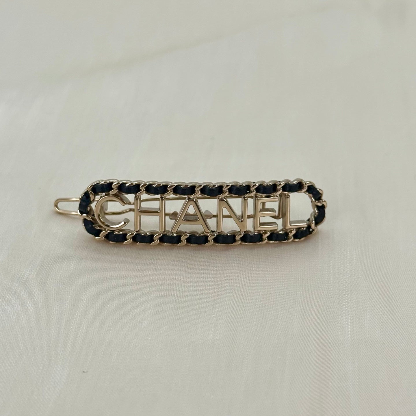 Chanel Leather-Interwoven Chain Letter Logo Hair Clip [Used]
