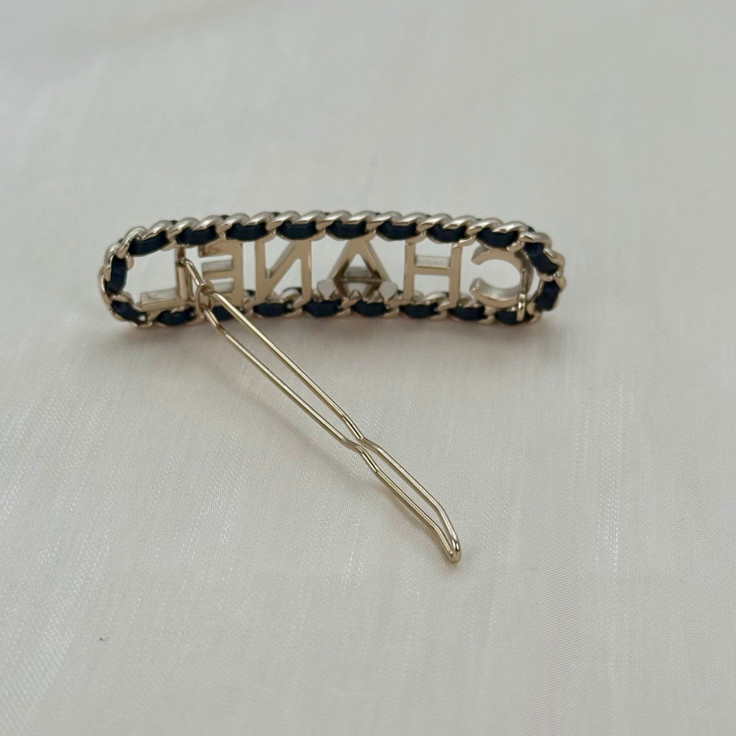 Chanel Leather-Interwoven Chain Letter Logo Hair Clip [Used]
