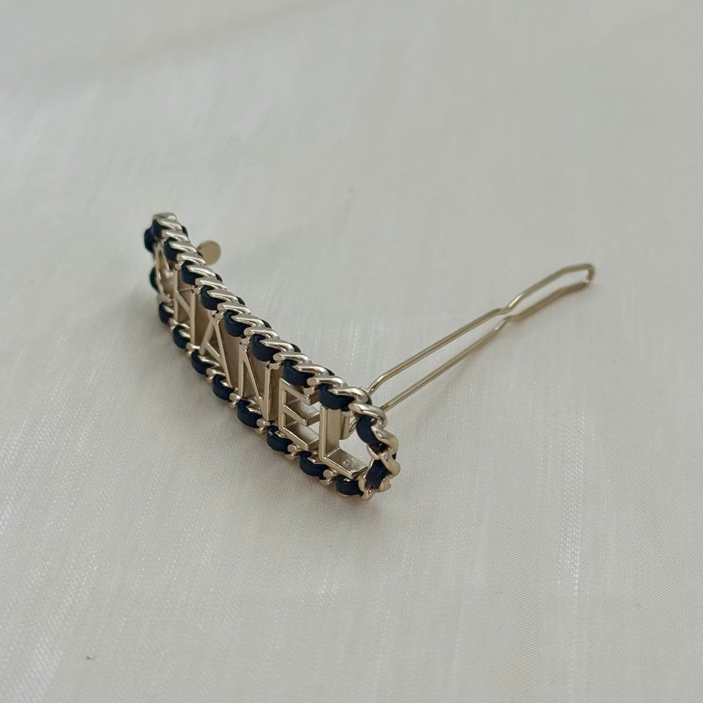 Chanel Leather-Interwoven Chain Letter Logo Hair Clip [Used]