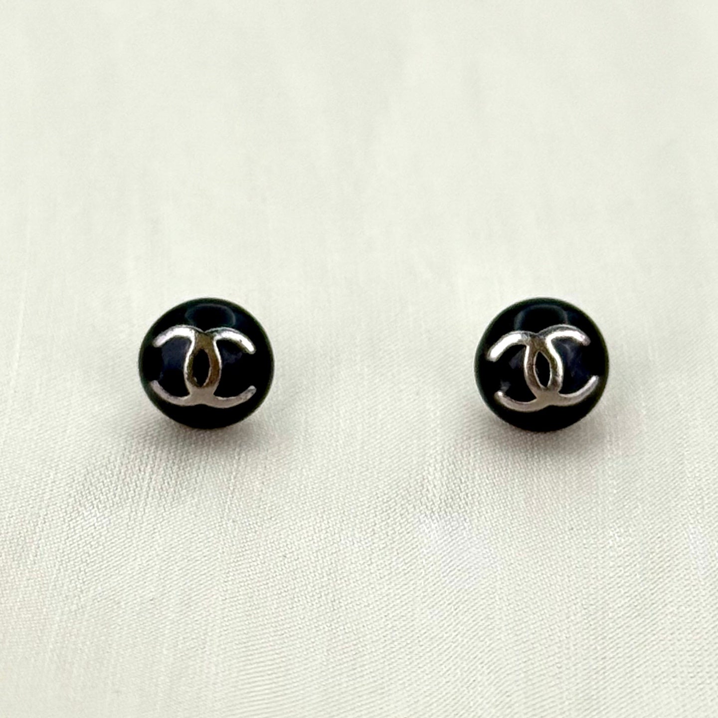 Chanel CC Black / Silver Mini Ball-shaped Stud Earrings [Used]