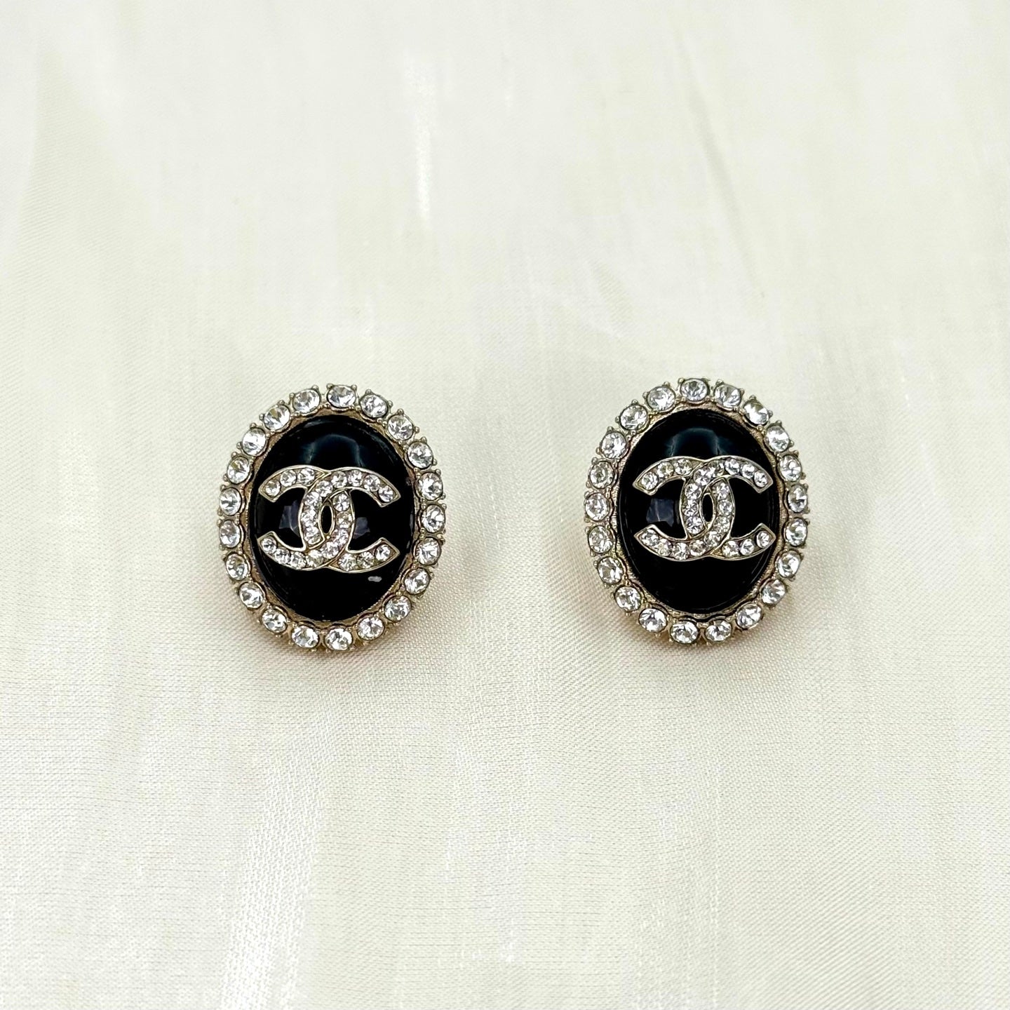 Chanel CC Black Enamel Rhinestone Pebble Stud Earrings [Used]