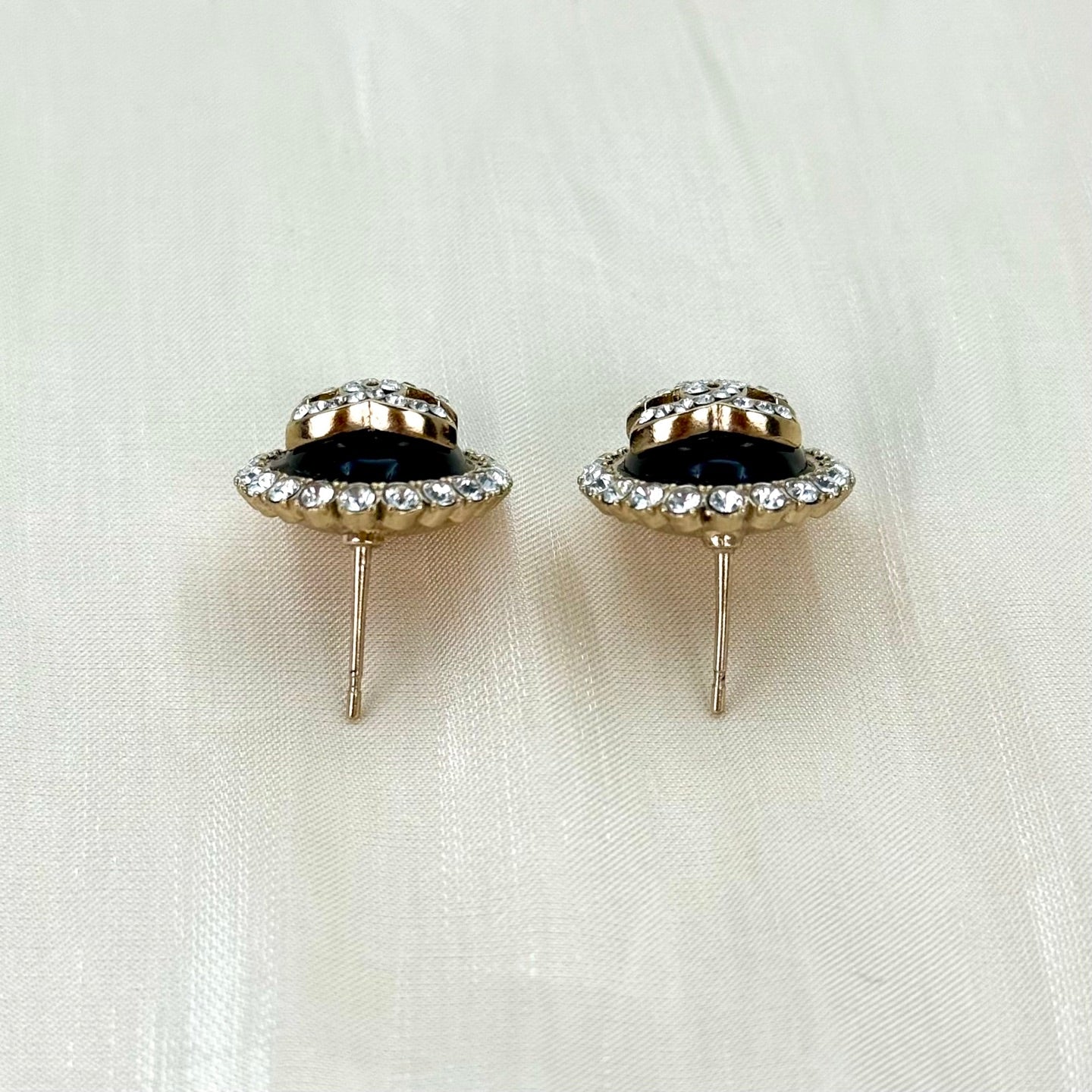 Chanel CC Black Enamel Rhinestone Pebble Stud Earrings [Used]