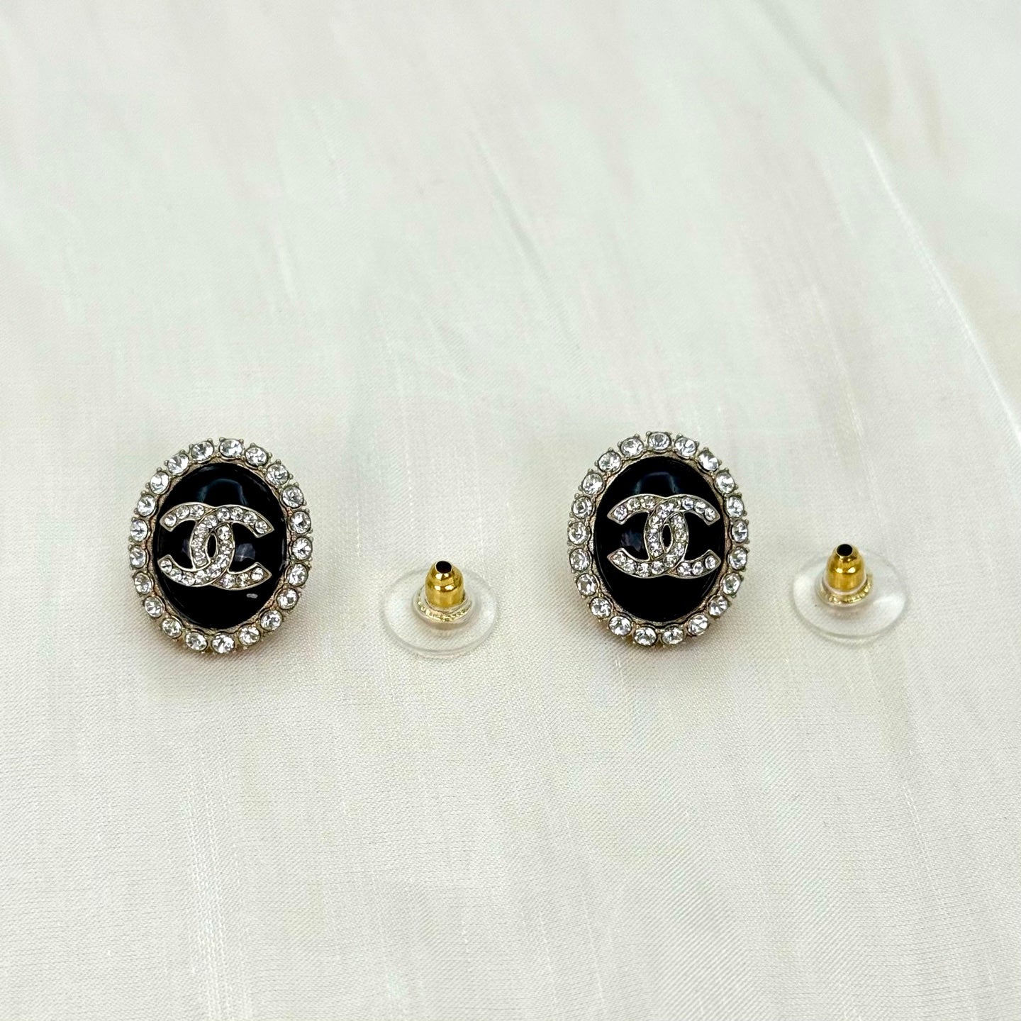 Chanel CC Black Enamel Rhinestone Pebble Stud Earrings [Used]