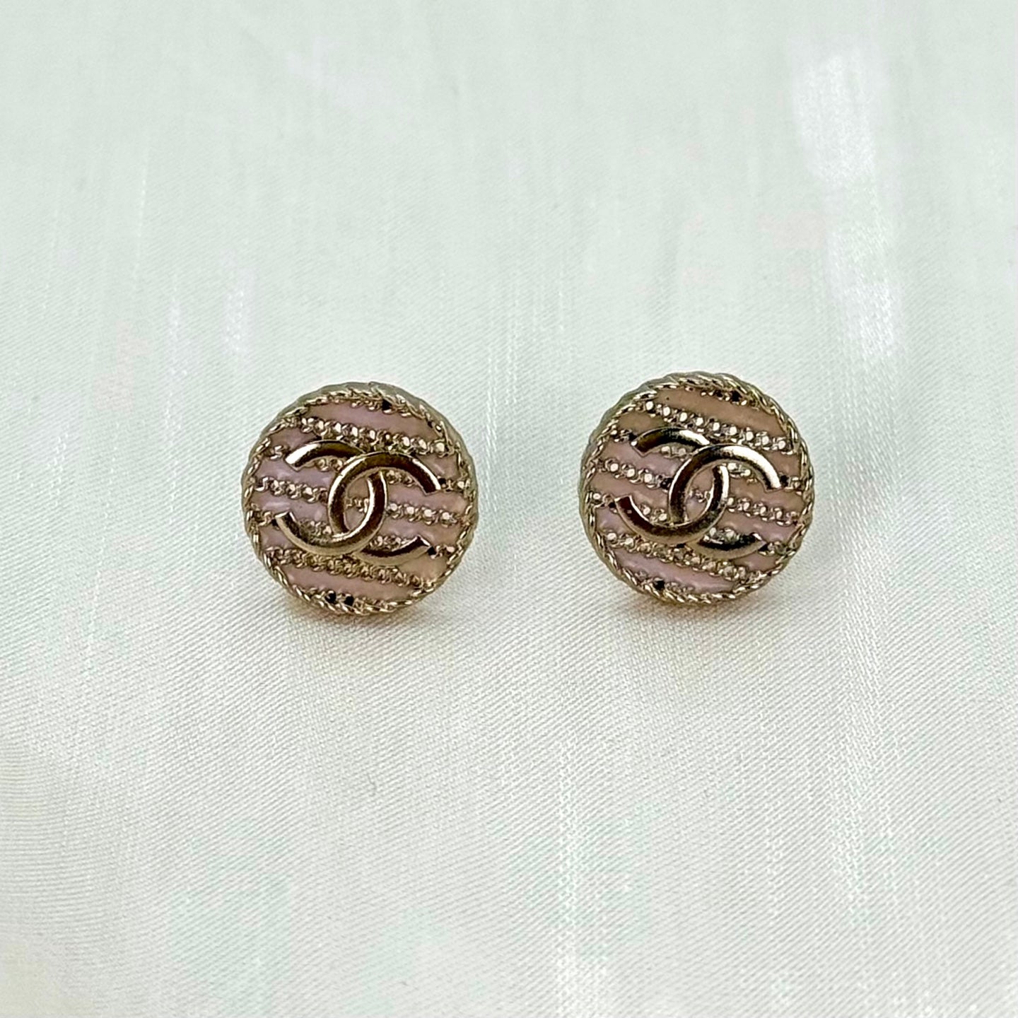Chanel Pale Gold Pink Enamel Tweed-Pattern Stud Earrings [Used]