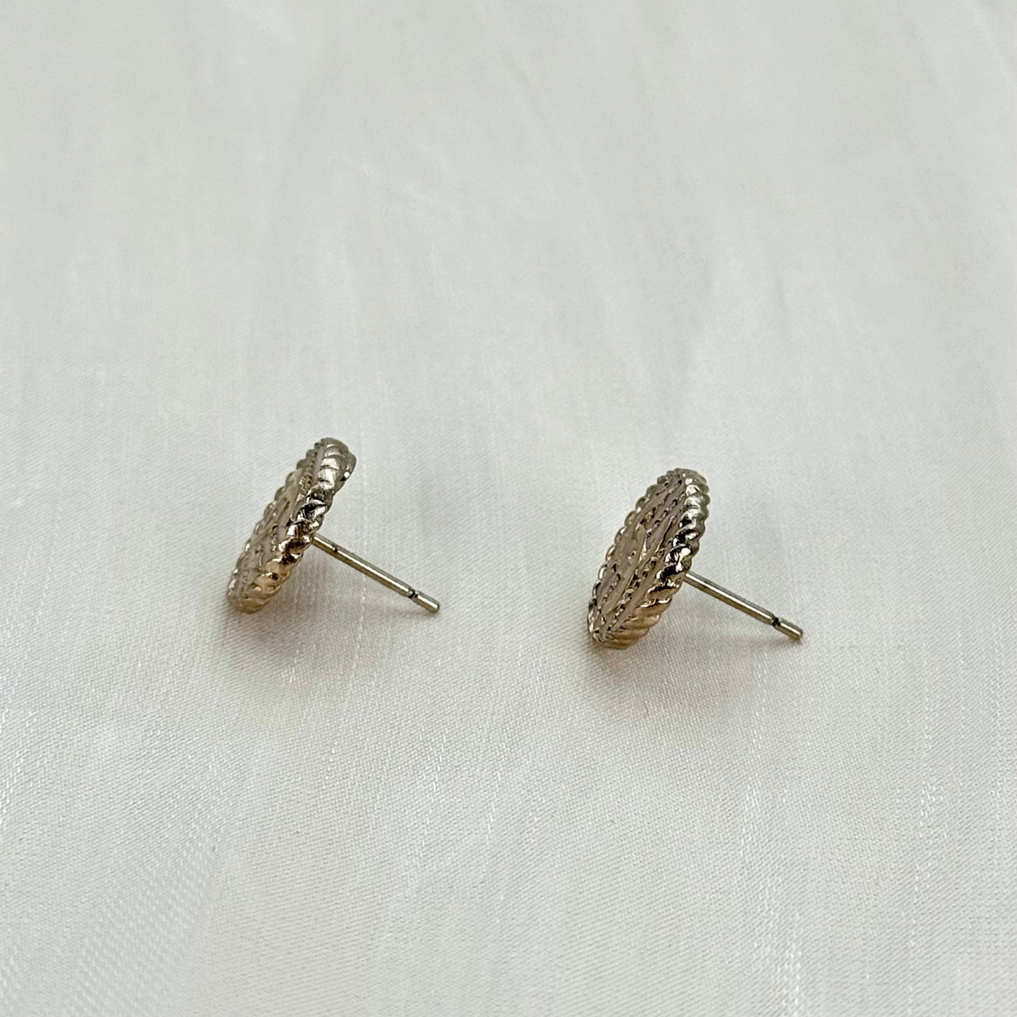 Chanel Pale Gold Pink Enamel Tweed-Pattern Stud Earrings [Used]