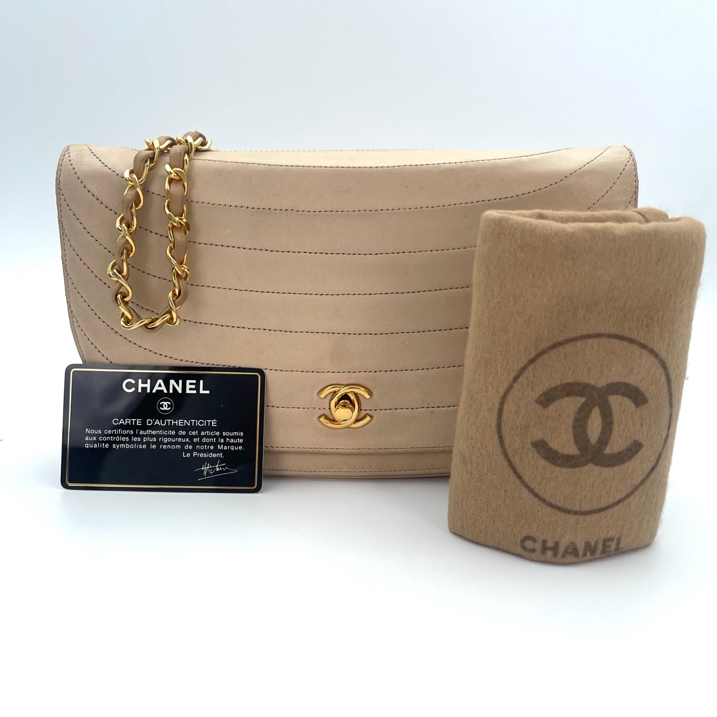Chanel Beige Stitching Lambskin Halfmoon Flap Bag [Used]