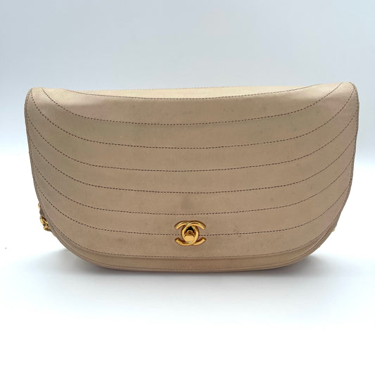 Chanel Beige Stitching Lambskin Halfmoon Flap Bag [Used]
