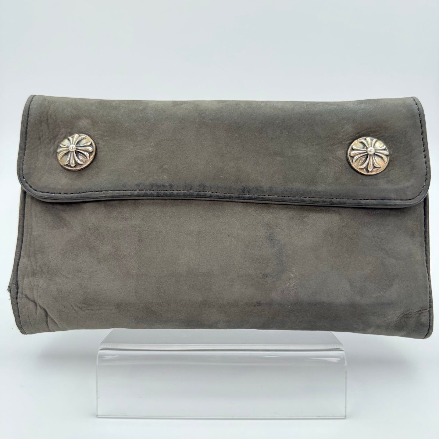 Chrome Hearts Grey Suede Leather Trifold Long Wallet with Cross Snap [Used]