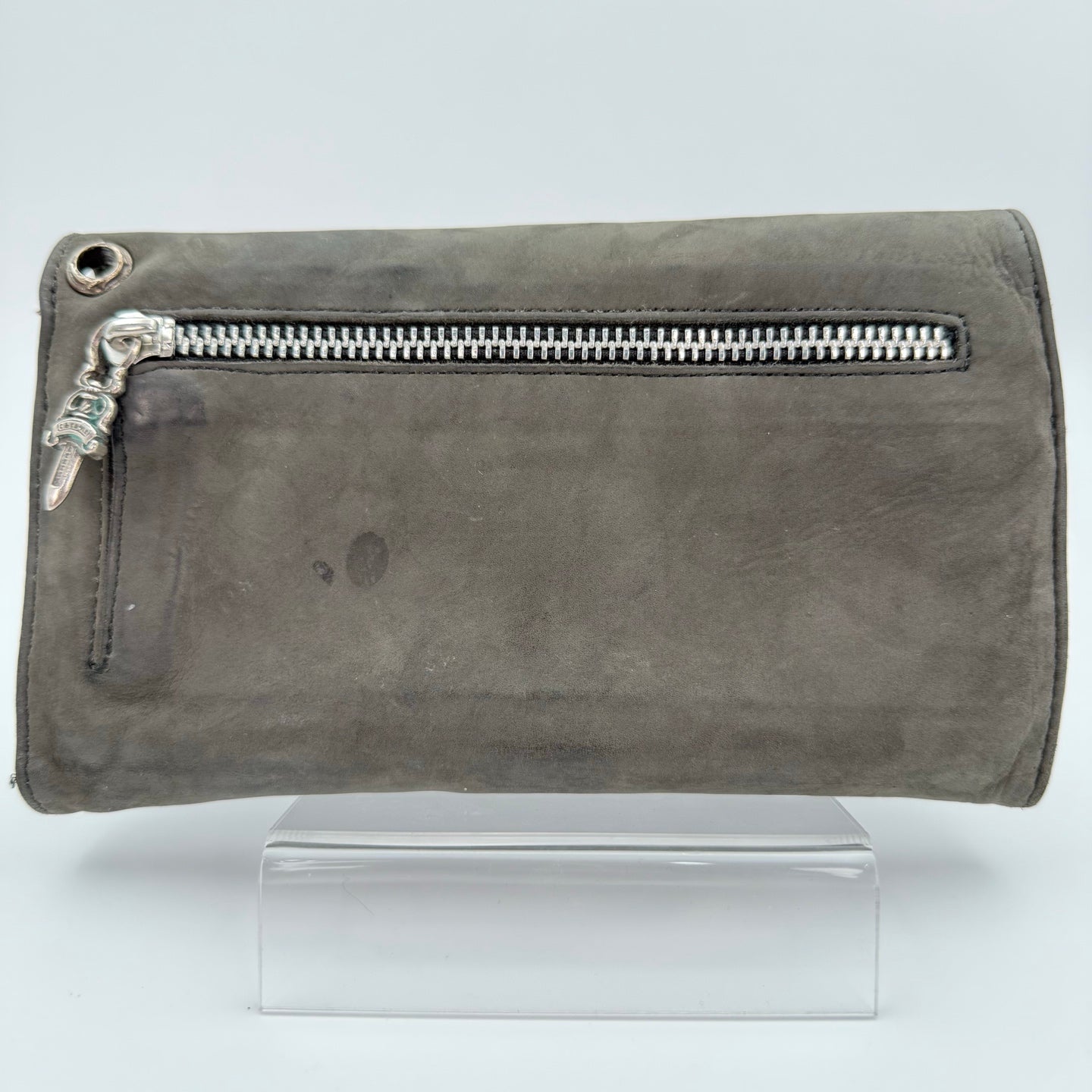 Chrome Hearts Grey Suede Leather Trifold Long Wallet with Cross Snap [Used]