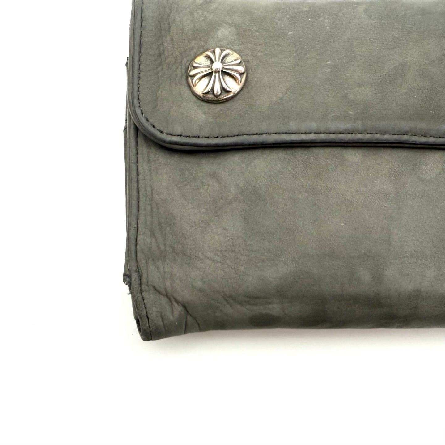 Chrome Hearts Grey Suede Leather Trifold Long Wallet with Cross Snap [Used]