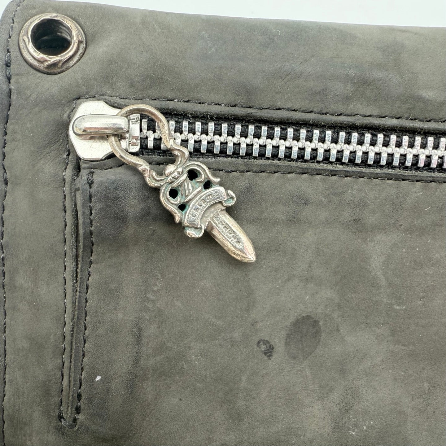 Chrome Hearts Grey Suede Leather Trifold Long Wallet with Cross Snap [Used]