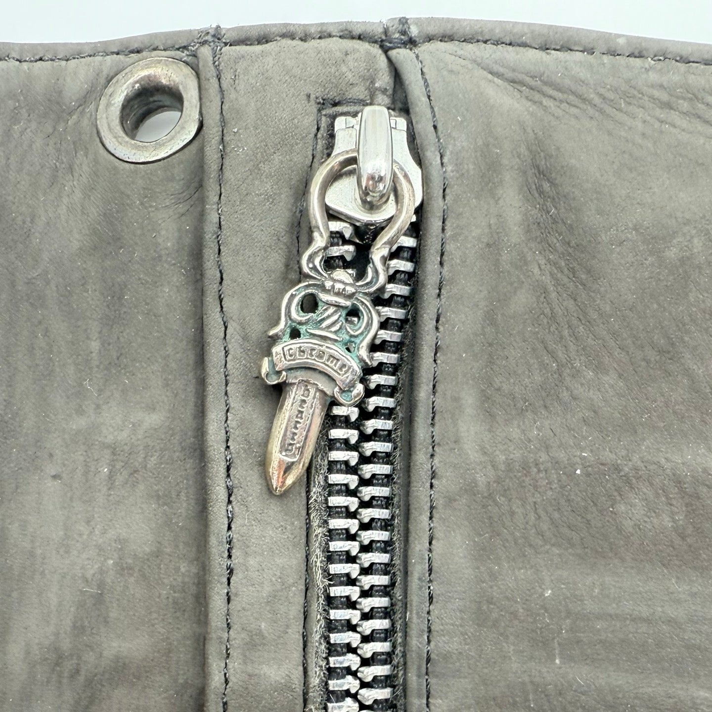 Chrome Hearts Grey Suede Leather Trifold Long Wallet with Cross Snap [Used]