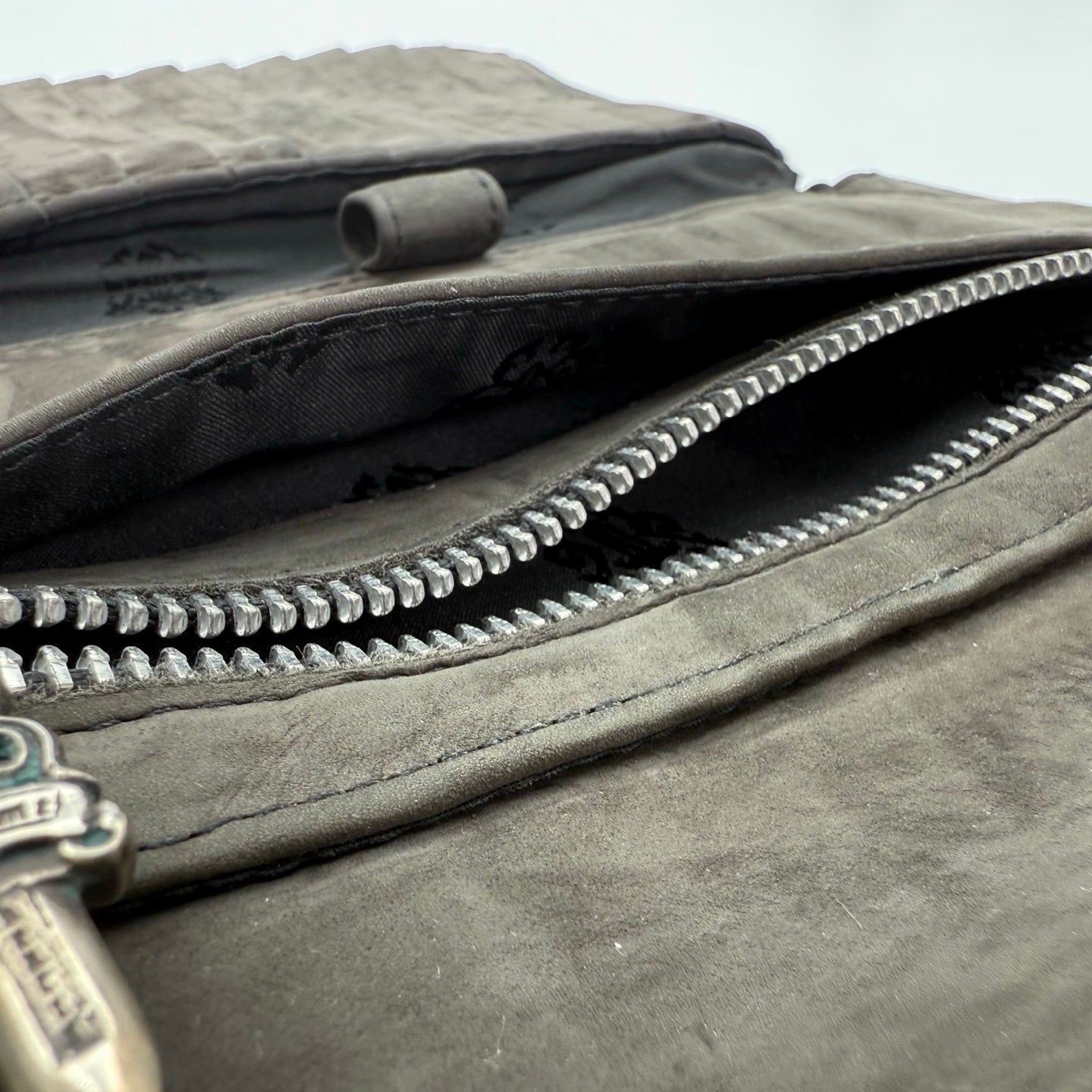 Chrome Hearts Grey Suede Leather Trifold Long Wallet with Cross Snap [Used]