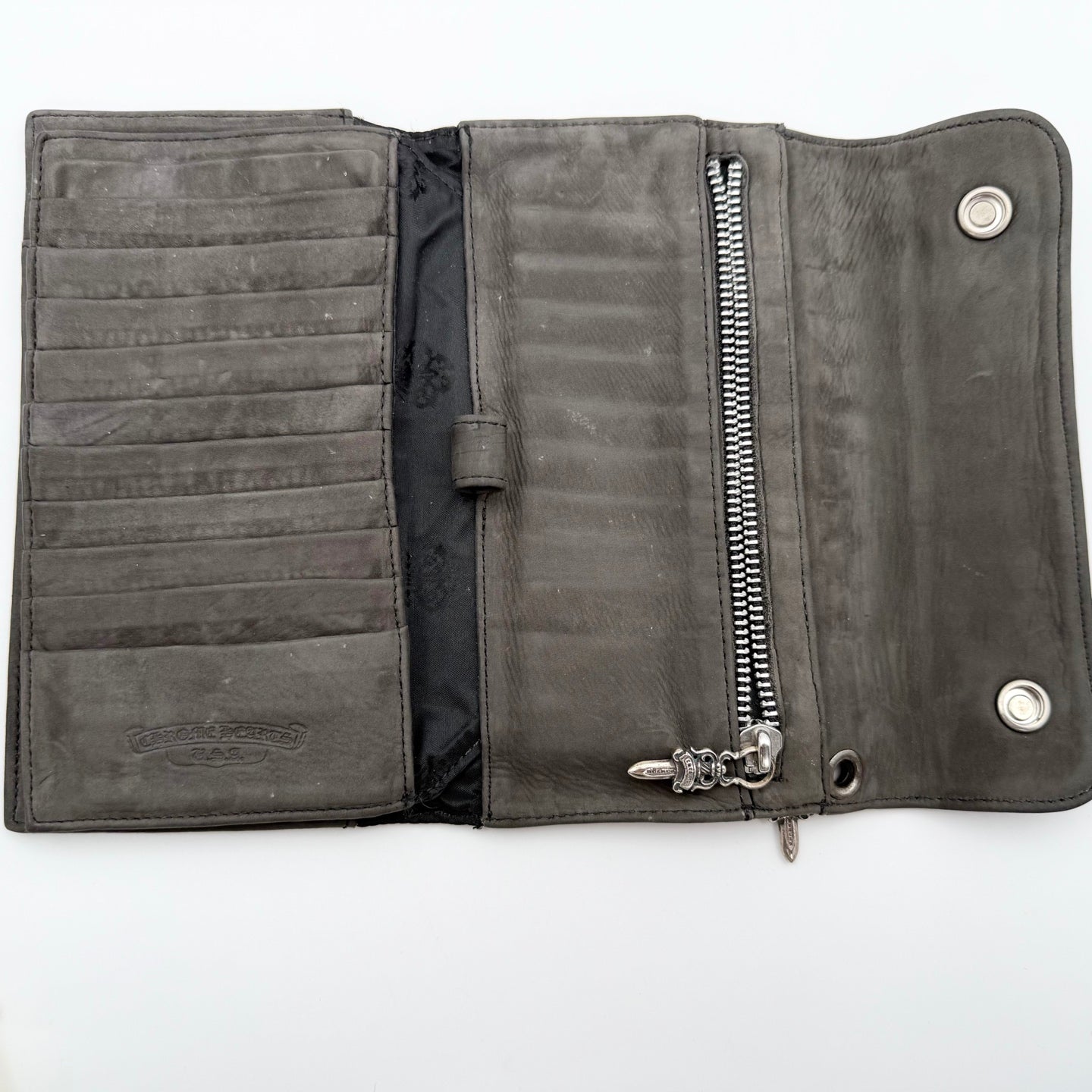 Chrome Hearts Grey Suede Leather Trifold Long Wallet with Cross Snap [Used]