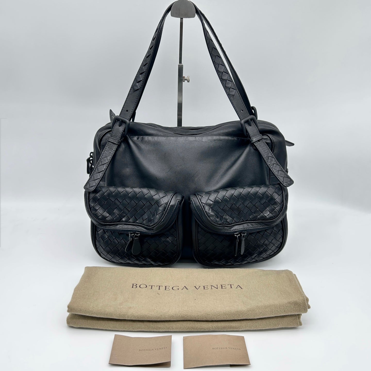 Bottega Veneta Intrecciato Lambskin Double Pocket Shoulder Bag Black [Used]