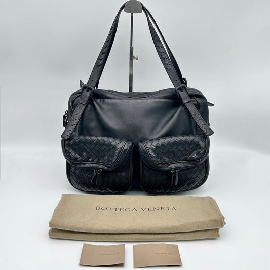 Bottega Veneta Intrecciato Lambskin Double Pocket Shoulder Bag Black [Used]