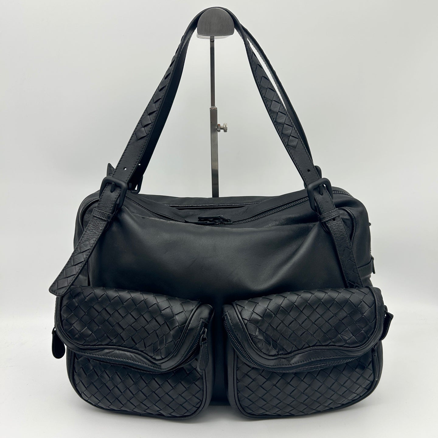 Bottega Veneta Intrecciato Lambskin Double Pocket Shoulder Bag Black [Used]
