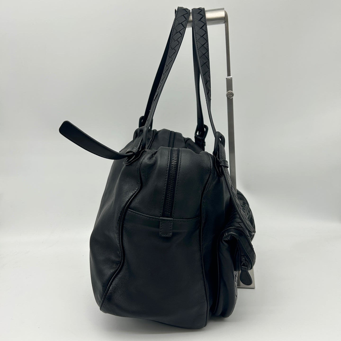 Bottega Veneta Intrecciato Lambskin Double Pocket Shoulder Bag Black [Used]