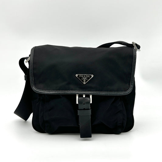 Prada Re-Nylon Flap Boxy Shoulder Crossbody Tote Bag Black [Used]