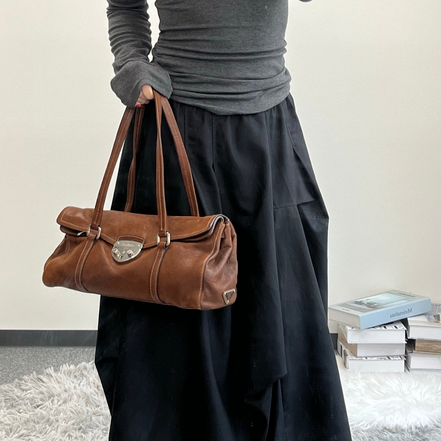 Prada Dark Brown Calfskin Baguette Shoulder Bag [Used]