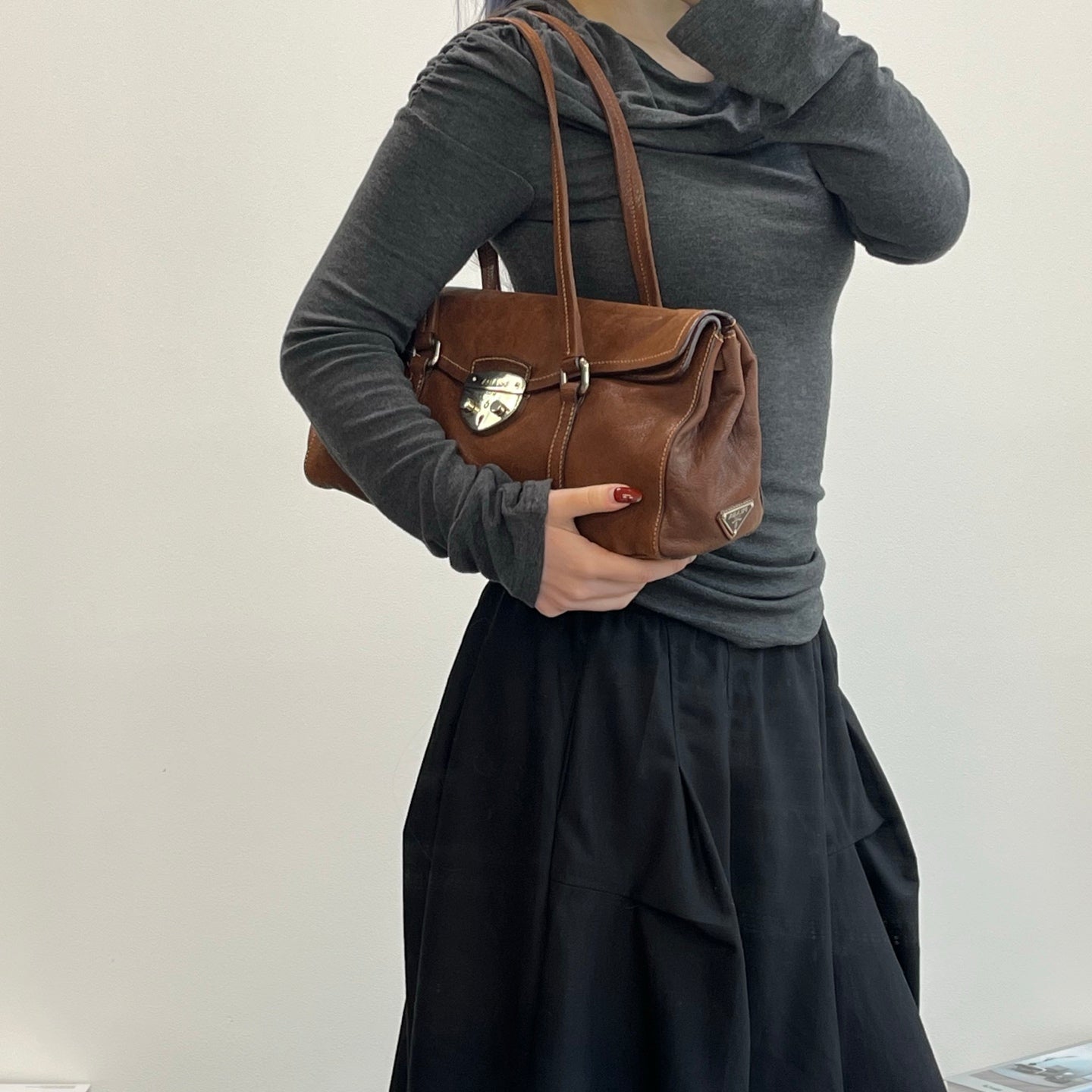 Prada Dark Brown Calfskin Baguette Shoulder Bag [Used]