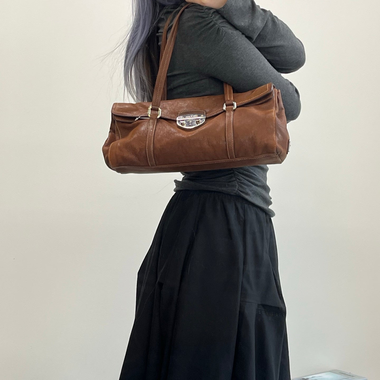 Prada Dark Brown Calfskin Baguette Shoulder Bag [Used]