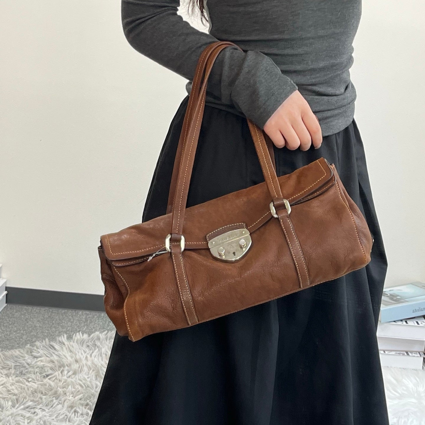 Prada Dark Brown Calfskin Baguette Shoulder Bag [Used]