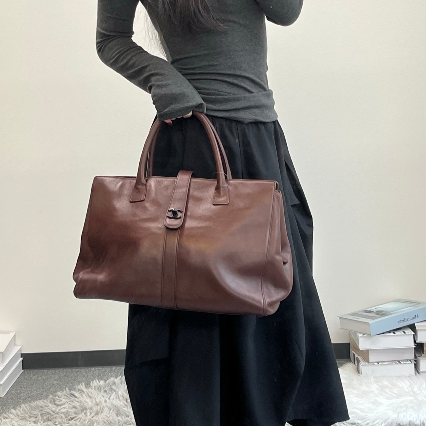 Chanel Reddish Brown Leather Buckle Tote Bag [Used]