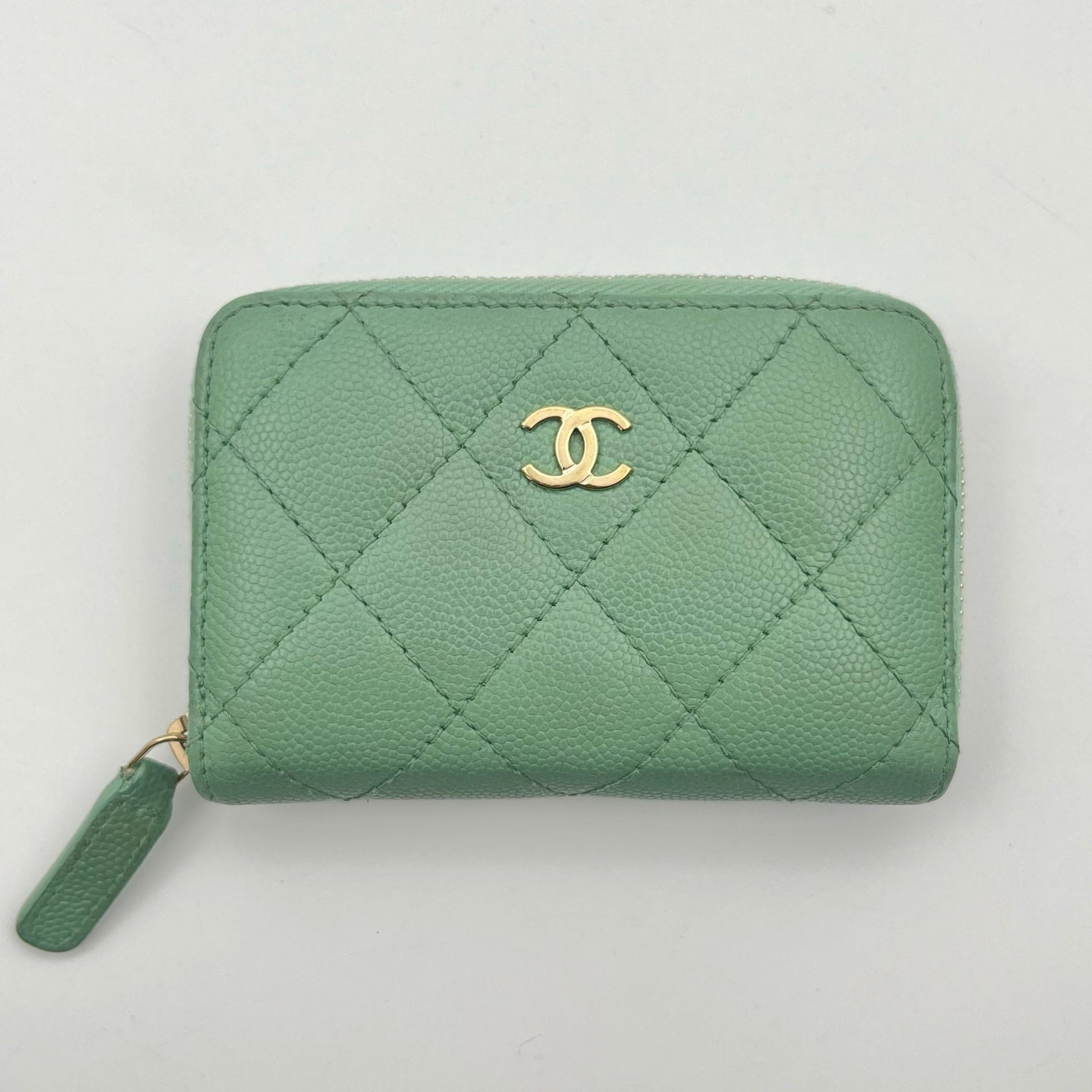 CHANEL Light Green Caviar Leather Zip Card & Coin Case [Used]