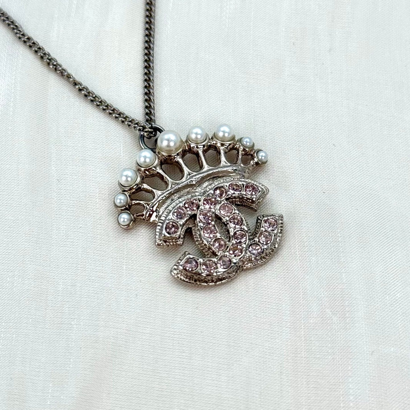 Chanel Silver-Tone Pearl Crown Pink Rhinestone CC Necklace [Used]