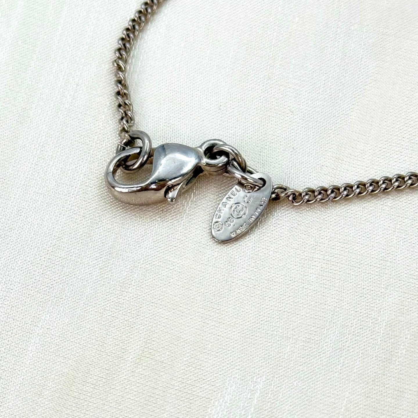 Chanel Silver-Tone Pearl Crown Pink Rhinestone CC Necklace [Used]