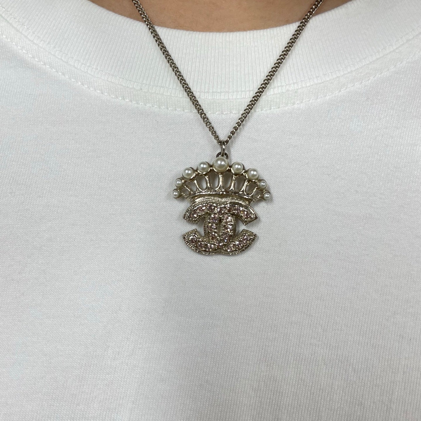 Chanel Silver-Tone Pearl Crown Pink Rhinestone CC Necklace [Used]