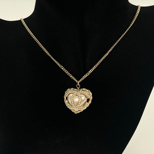 Chanel Pale Gold Heart Pearl CC Necklace [Used]