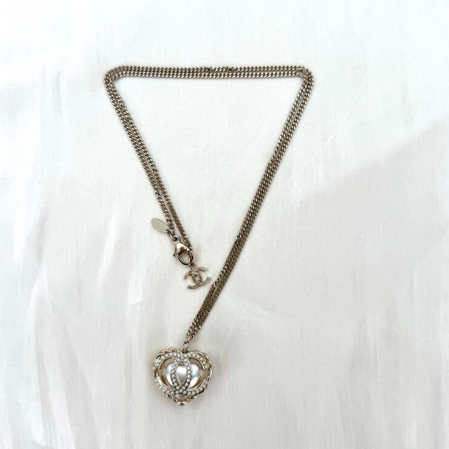 Chanel Pale Gold Heart Pearl CC Necklace [Used]