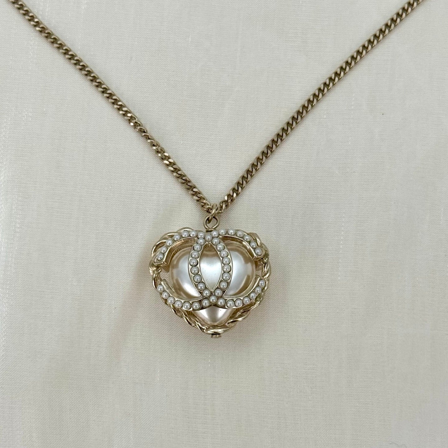 Chanel Pale Gold Heart Pearl CC Necklace [Used]