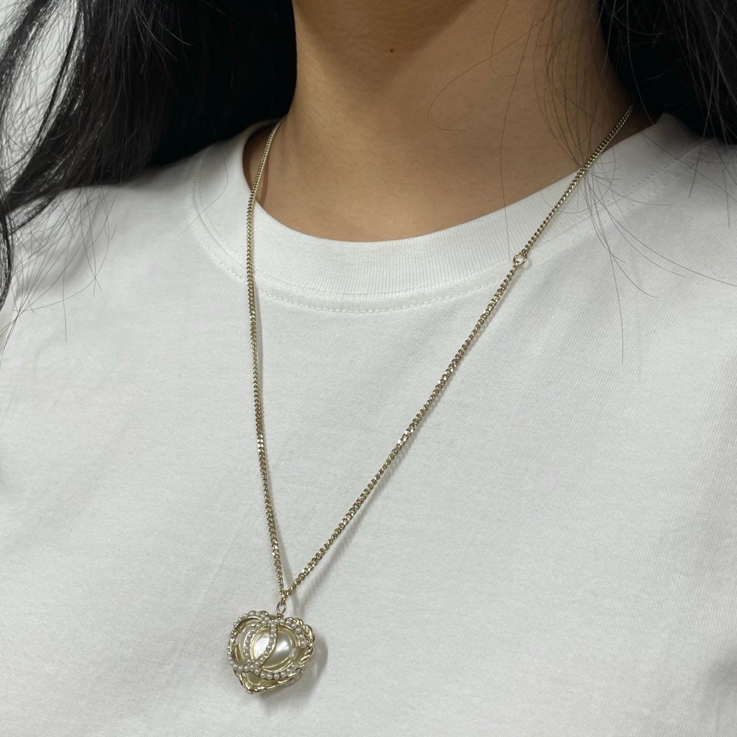 Chanel Pale Gold Heart Pearl CC Necklace [Used]