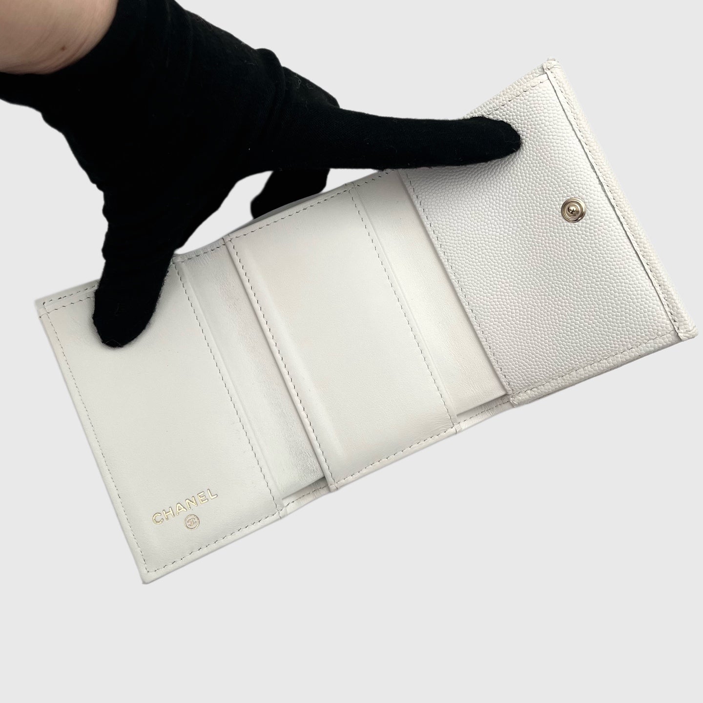 Chanel White Caviar Leather Mini Trifold Wallet [Used]