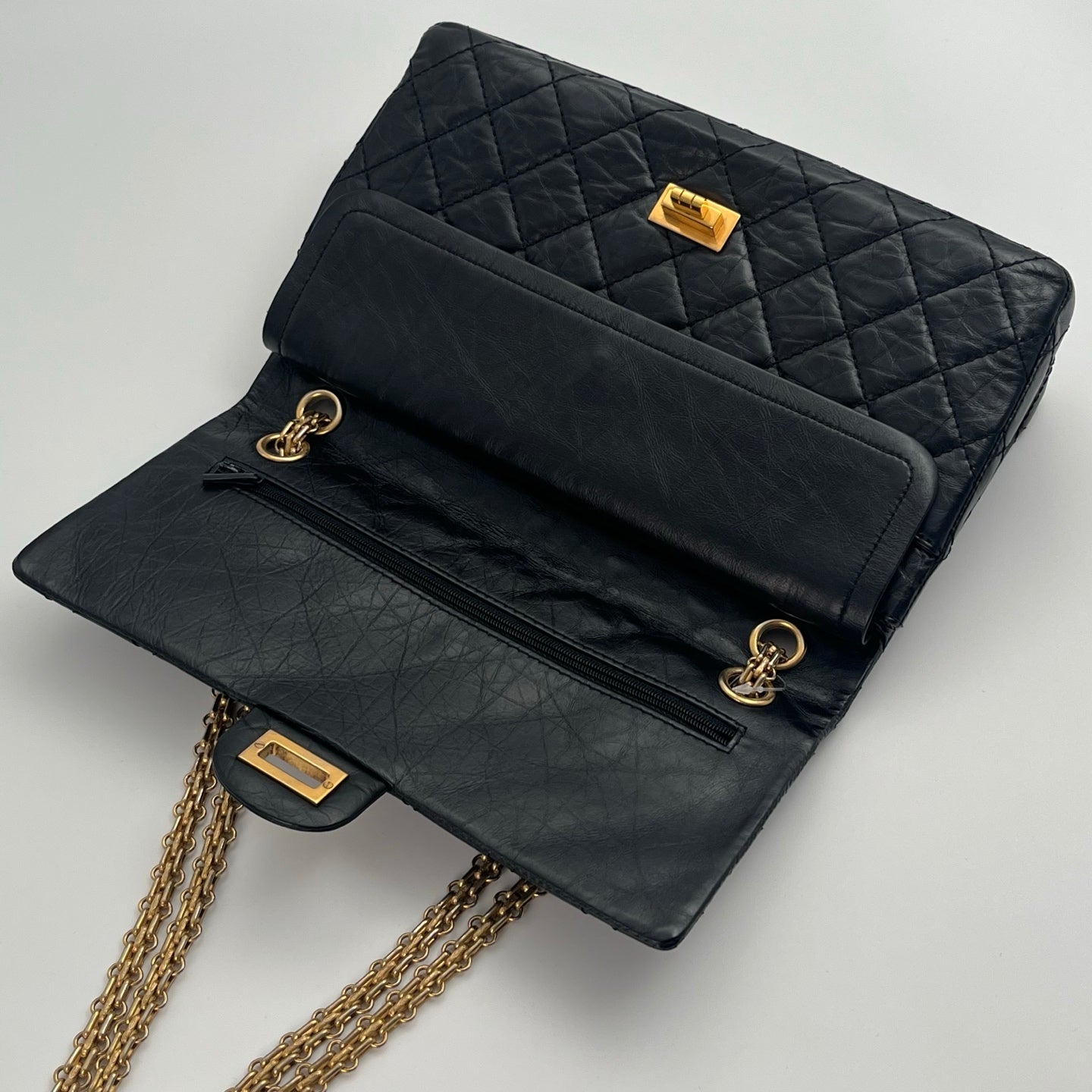 CHANEL Black Aged Calfskin Quilted 2.55 Reissue 225 Flap Bag [Used]