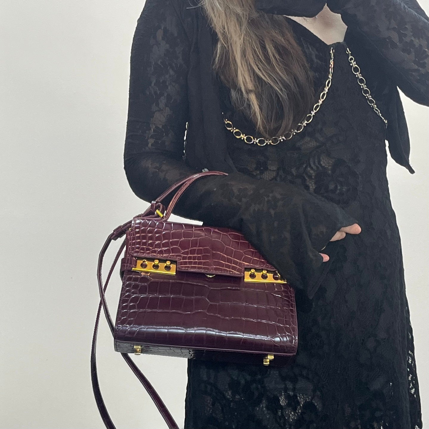 Delvaux Tempête Crocodile Leather Burgundy 2WAY Handbag 21 × 15 × 8 cm [Used]