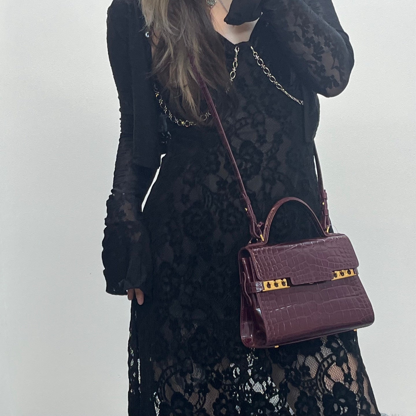 Delvaux Tempête Crocodile Leather Burgundy 2WAY Handbag 21 × 15 × 8 cm [Used]