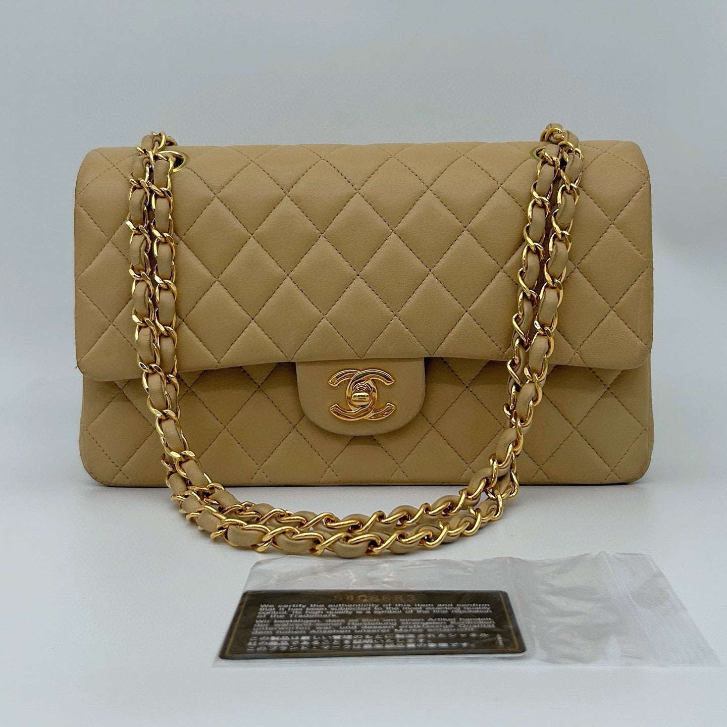 Chanel Beige Clair Lambskin Classic Flap Bag with Gold-Tone Chain 25cm [Used]