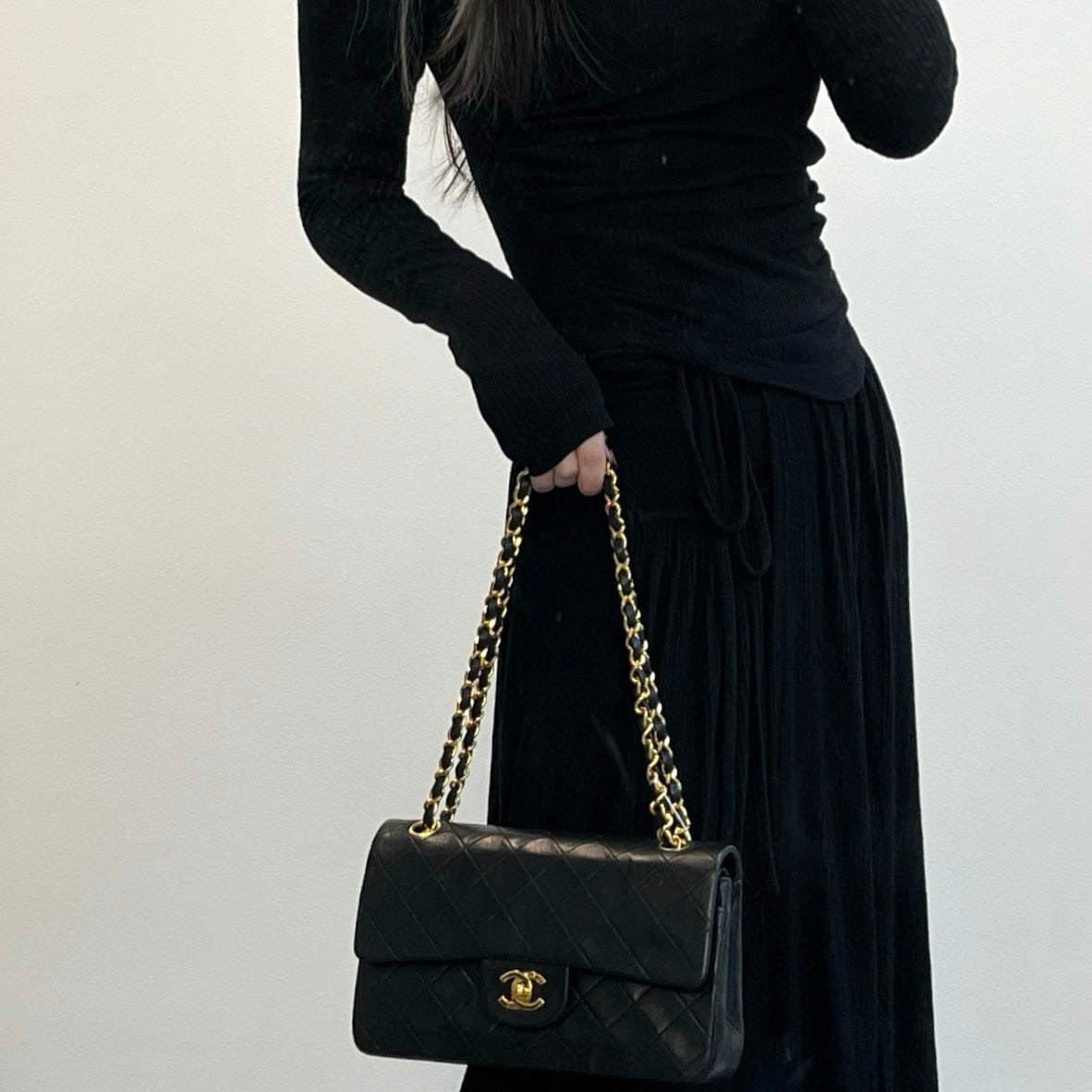 Chanel Vintage Classic Flap Medium Black Lambskin Double Flap with Gold Hardware [Used]