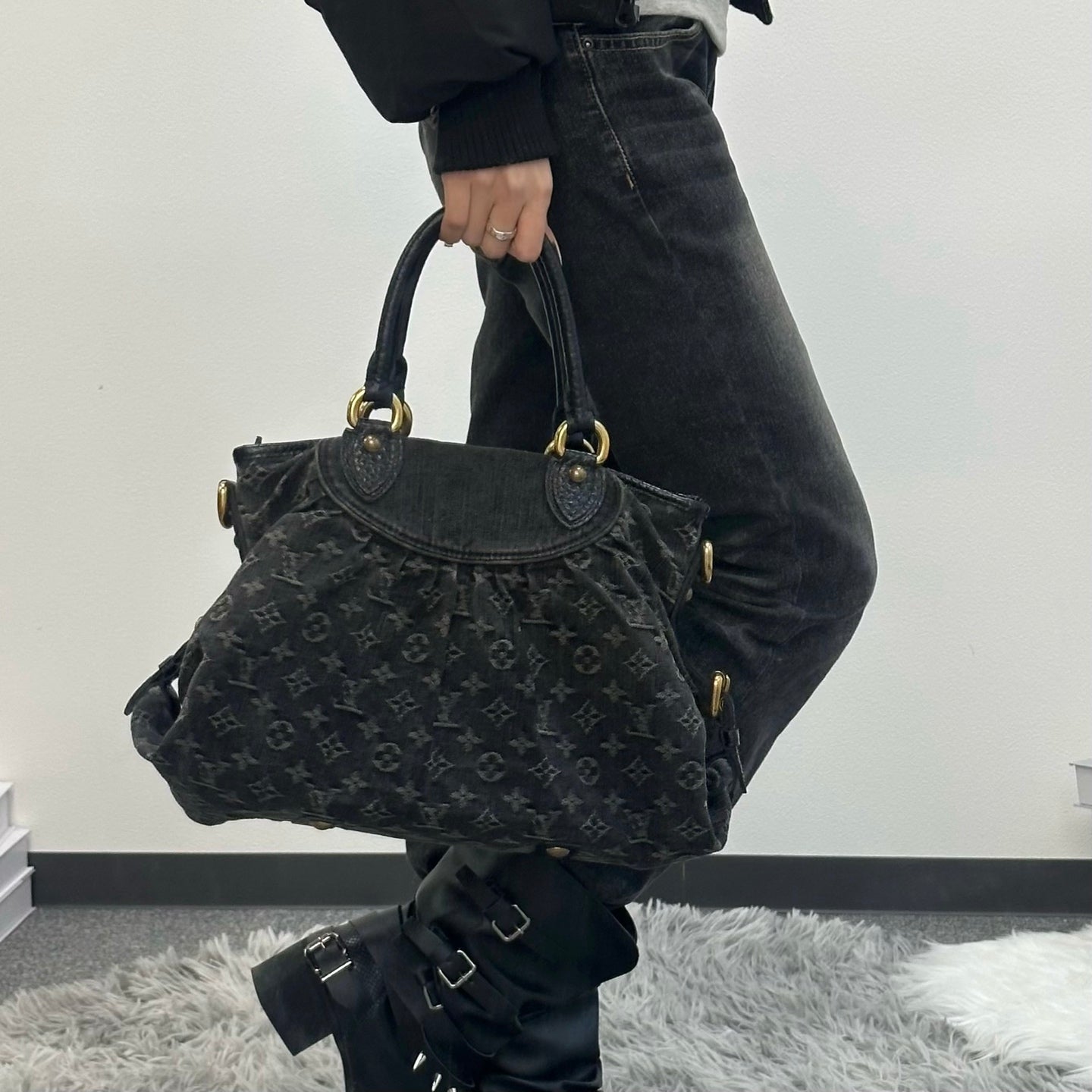 Louis Vuitton Black Monogram Denim Cabby Tote Handbag [Used]