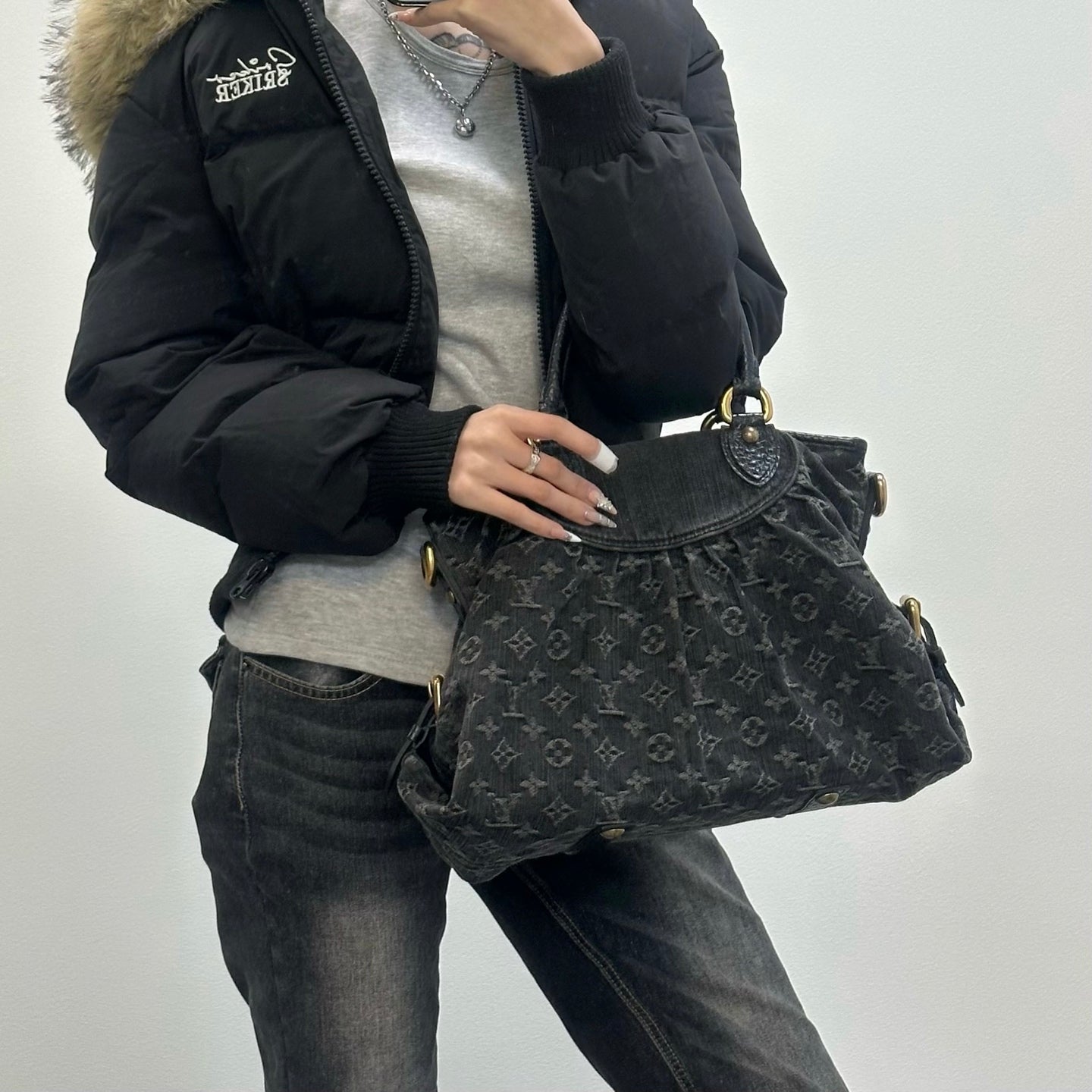 Louis Vuitton Black Monogram Denim Cabby Tote Handbag [Used]