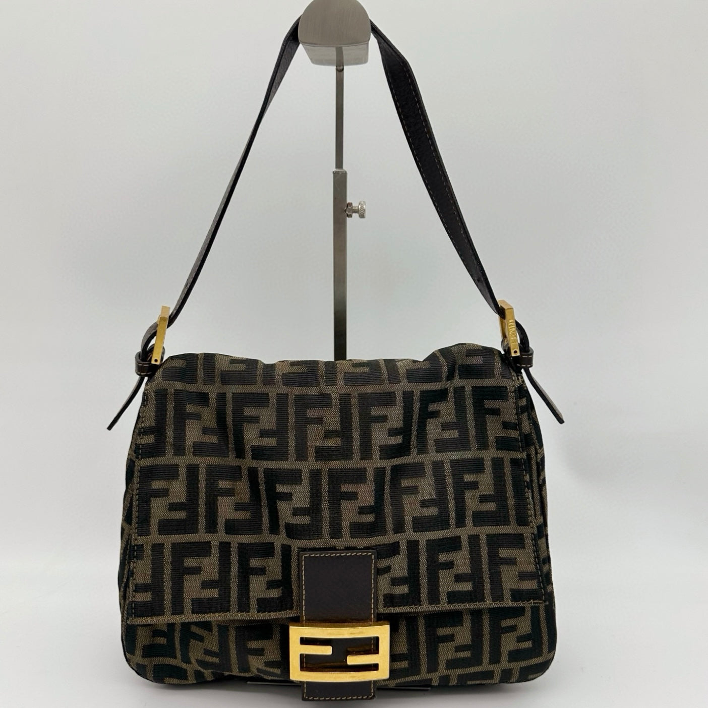 Fendi Zucca Canvas Large Baguette Shoulder Bag with Gold FF Buckle [Vintage / Used]
